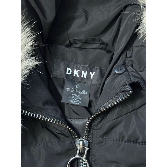 DKNY Donna Karan Faux fur-trimmed quilted shell‎ hooded coat Size Medium - Picture 9 of 14